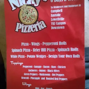 a menu for a pizza
