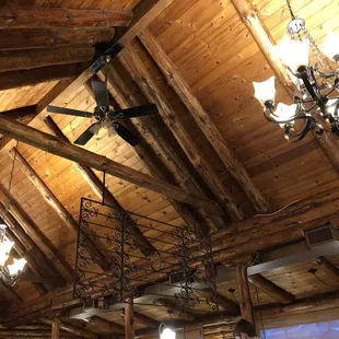 Log cabin interior ceiling view... Very cool light fixtures!