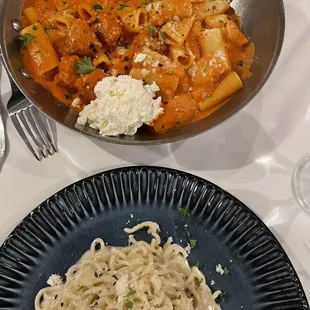 Cacio e pepe and rigatoni alla vodka