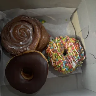 Cinnamon bun, chocolate frosted, fruity pebbles