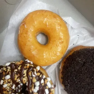Rocky road, glazed, and Oreo. Yummy