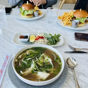 Chicken pho and Fried Chicken Sandwich