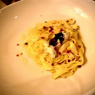 Tagliatelle - One of the courses of Chef Brian Williams Five Course and Wine Meal with funky unique peppercorns and caviar.  Very special!