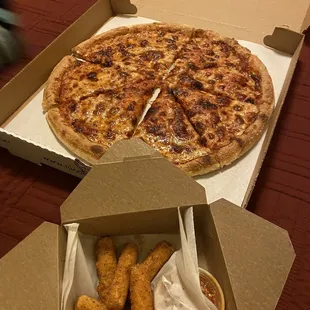 Cheese Pizza with a side of mozzarella sticks