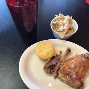 a plate of food and a drink