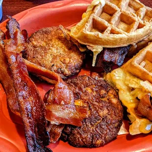3 cheese applewood bacon waffle sandwich and southwest potato cakes.