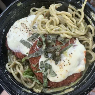 The Eggplant Parm over Spaghetti with Pesto topped with extra Basil (that I barbarically ate in my car)