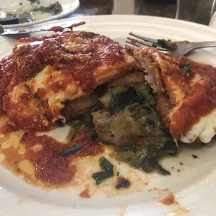 I cut the veal calabresse to show the greens, the layers, the cheese. It was a lot of food. Delicious!