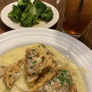 Whitefish Francaise with a side of broccoli