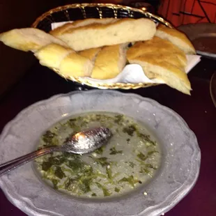 Bread plate and oil with garlic greens. Love this.