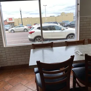 a view of a parking lot through a window
