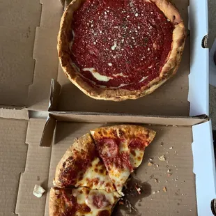 Deep dish cheese (back) pepperoni regular crust (front)