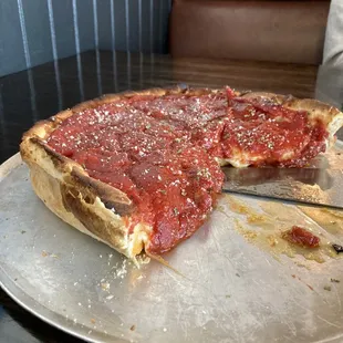 Deep dish pepperoni and sausage pizza