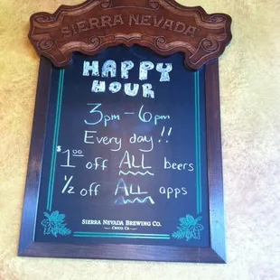 Happy Hour: 3pm-6pm. $1 off all beers and 1/2 off all appetizers.