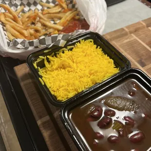 Gross fries, red beans, and rice
