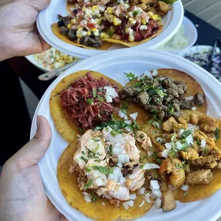 Tacos: pork tocino, carne asada, grilled salmon, and mojo pollo
