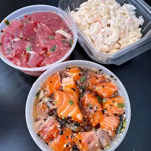 Shoyu salmon, Ahi tuna, mac salad; Follow me @RimyEats on Instagram