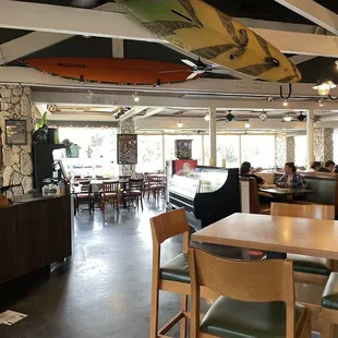 a surfboard hanging from the ceiling