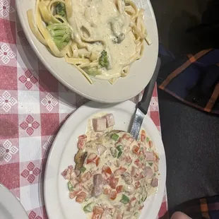Chicken Carbonara and Linguine Alfredo with broccoli
