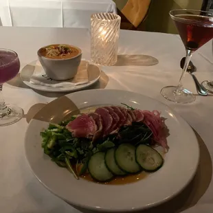 Seared tuna and soup.