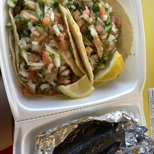 Two carne asada tacos and fried jalapeños