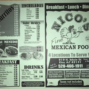 Menu for those to go orders.