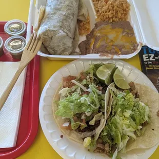 Carne Asada Burrito Plate $12.99, beans rice fill Styro $3.75 tacos Al Pastor &amp; Pollo Asada just 1 tortilla :/ but lotsa meat. 1-31-24