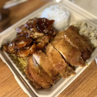 Combo plate: bbq chicken, chicken katsu. Over white rice, Mac salad, and noodles.