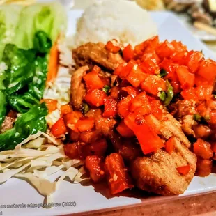 SPECIAL "Deep Fried Ahi Belly" Tender, subtle, sweet Ahi Belly w/ Lomi Tomato. White Rice + Bok Choy. (1/26/25)