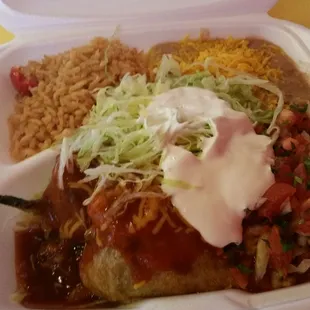 Chile rellenos with rice and beans. Good, but sitting in way too much cooking oil.