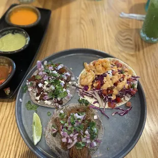 Barbacoa taco, shrimp taco, mushroom taco
