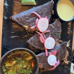 Birria Tacos  SO GOOD !!! Must get !!! It's different and delicious!!