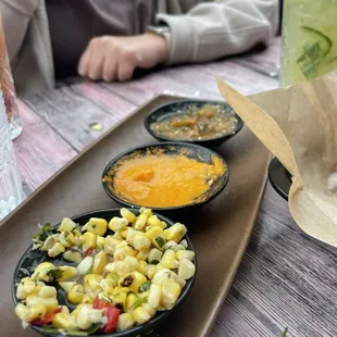 Salsa flight! Corn, pumpkin, and just a verde!