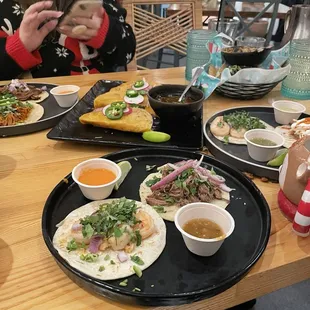 Shrimp taco, carnitas taco, birria tacos