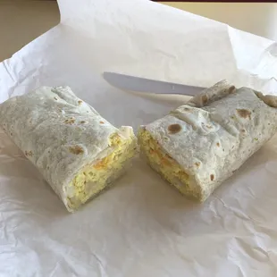 Potato, egg, and cheese breakfast burrito.