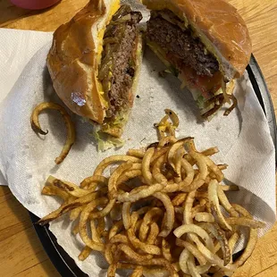 a hamburger and french fries