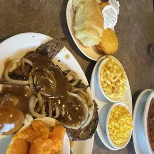 Liver n onions, corn, rolls and cornbread, yams