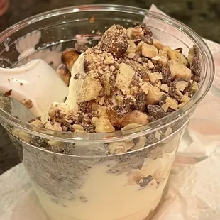 Vanilla custard with nuts, toffee and caramel.