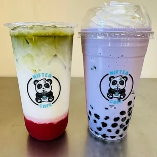 Strawberry Matcha Latte + Taro Ice Blend with Boba and Whipped Cream. Yum!