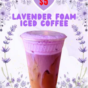 Refreshing Lavender floral foam on top of our popular Iced Coffee! Just in time for Spring