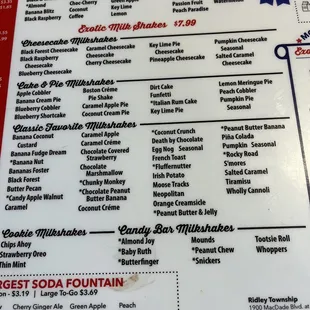 Milkshake menu