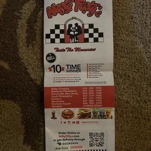 Menu front of Nifty Fifty's paper version