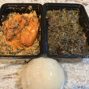 Left: Egusi Stew with Chicken comes with Pounded yam. Right: Efo Riro Stew