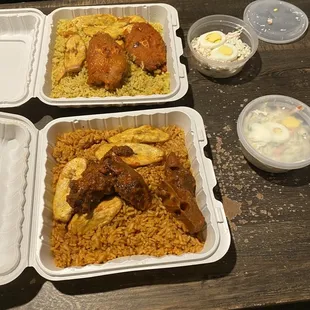 Top: Fried rice with Fish  Bottom : Jollof Rice Combo with goat meat  both with plantains