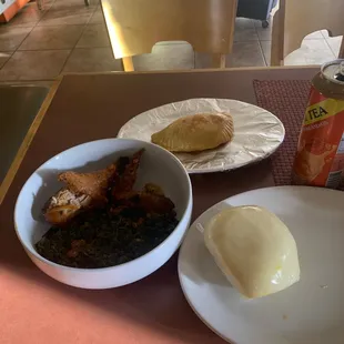Meat pie/ chicken and greens fufu