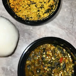 Fufu, Egusi soup, and okra soup with beef