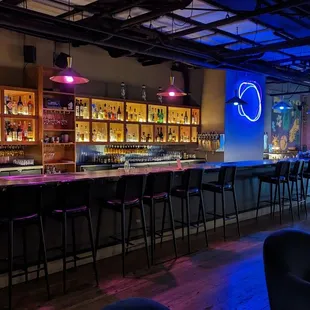 a bar with a lot of stools