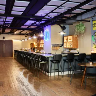 a bar with stools and tables