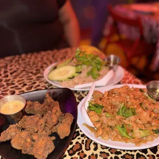 three plates of food on a table