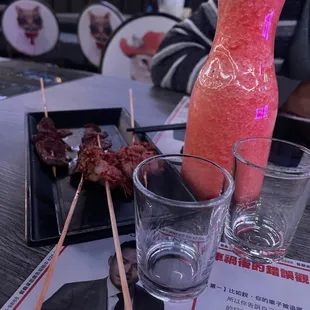 Beef Tongue, Enoki Mushrooms wrapped with Pork Belly, Fresh Watermelon juice